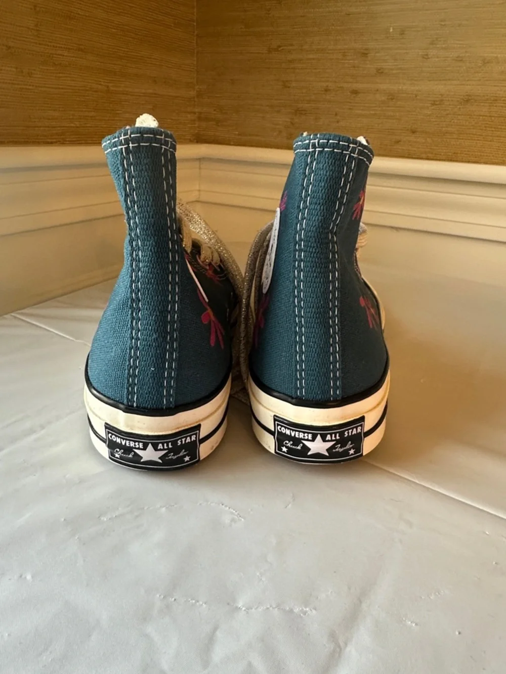 Chuck Taylor - Converse High Top Teal Sneakers w Pink Floral Prints (sz 6 women) - Picture 3 of 9